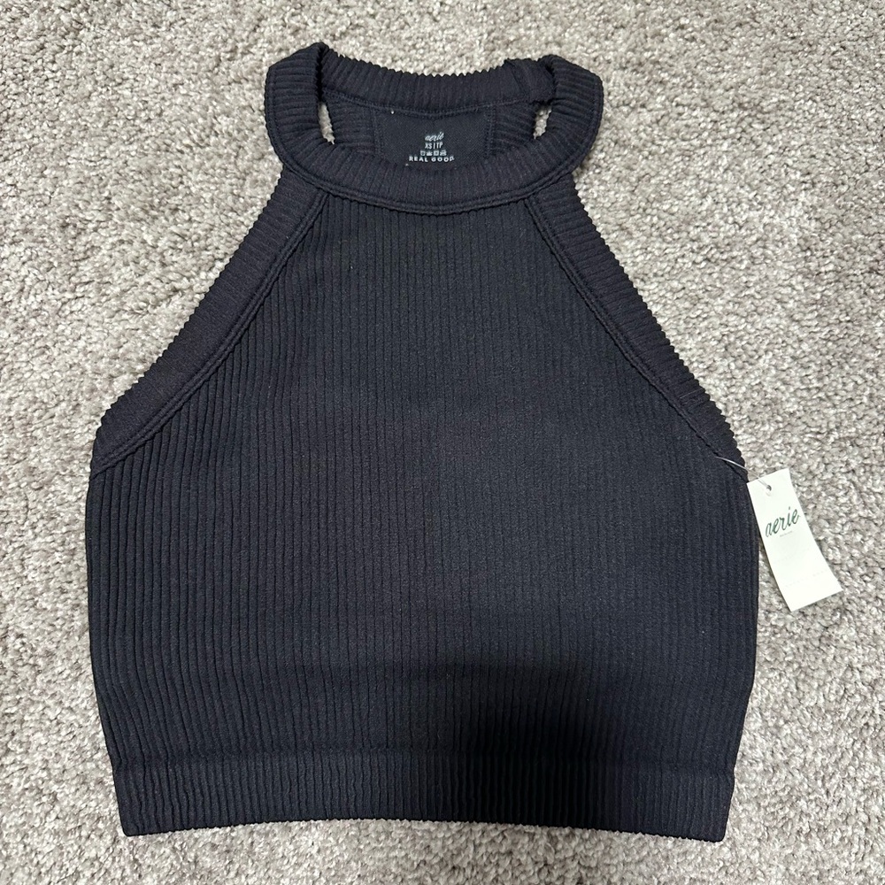 NWT Aerie Black High Neck Crop Tank Top With Built In Bra Size XS